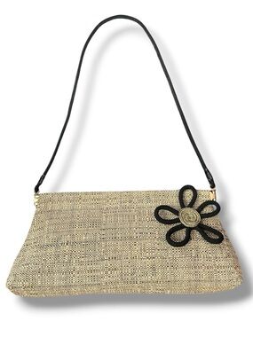 Woven Straw Shoulder Bag with Black Flower Accent